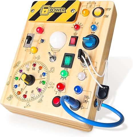 BrightPlay LED Busy Board - front view showing colorful interactive switches and lights