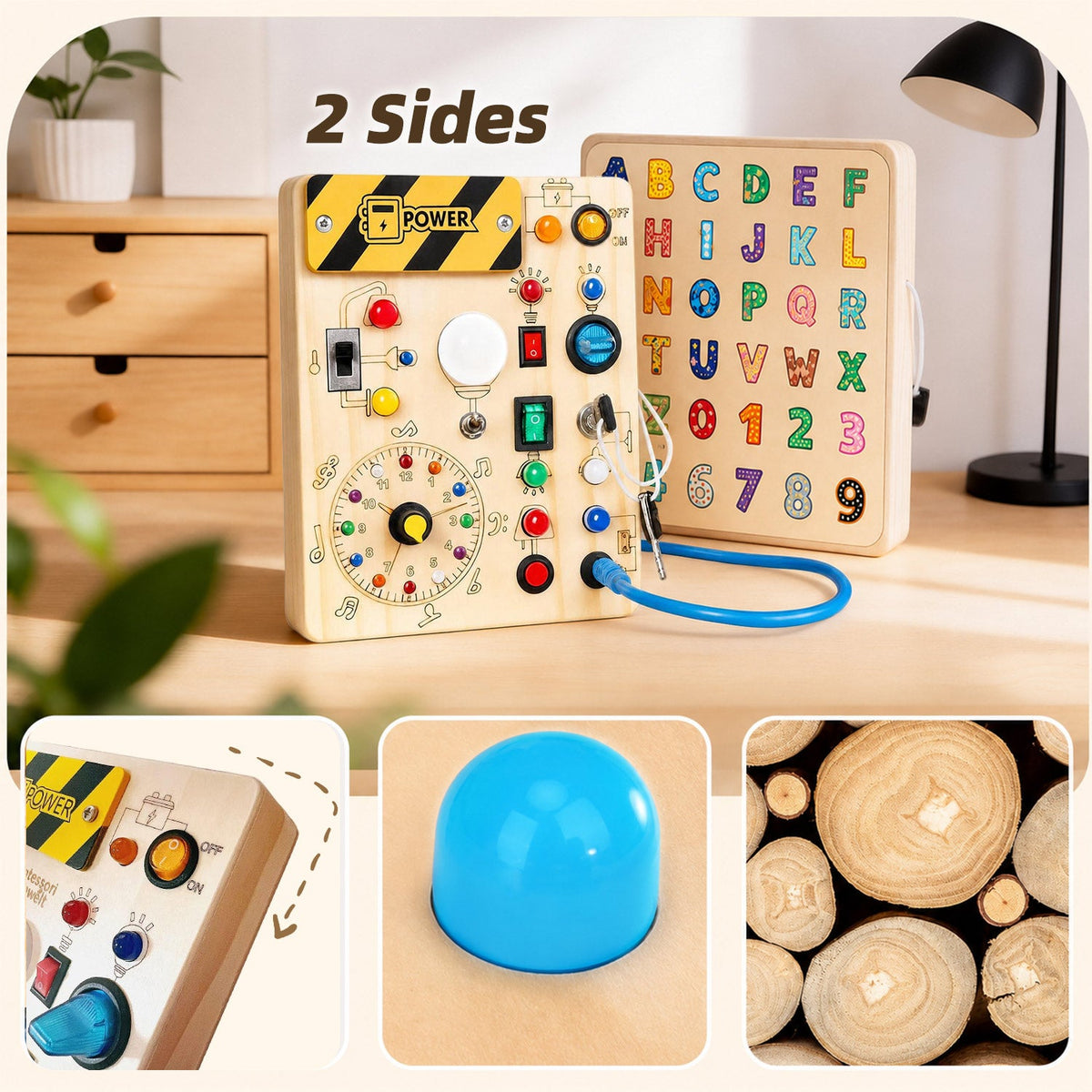 Busy board with 2 sides — LED switches on the front, letters and numbers on the back