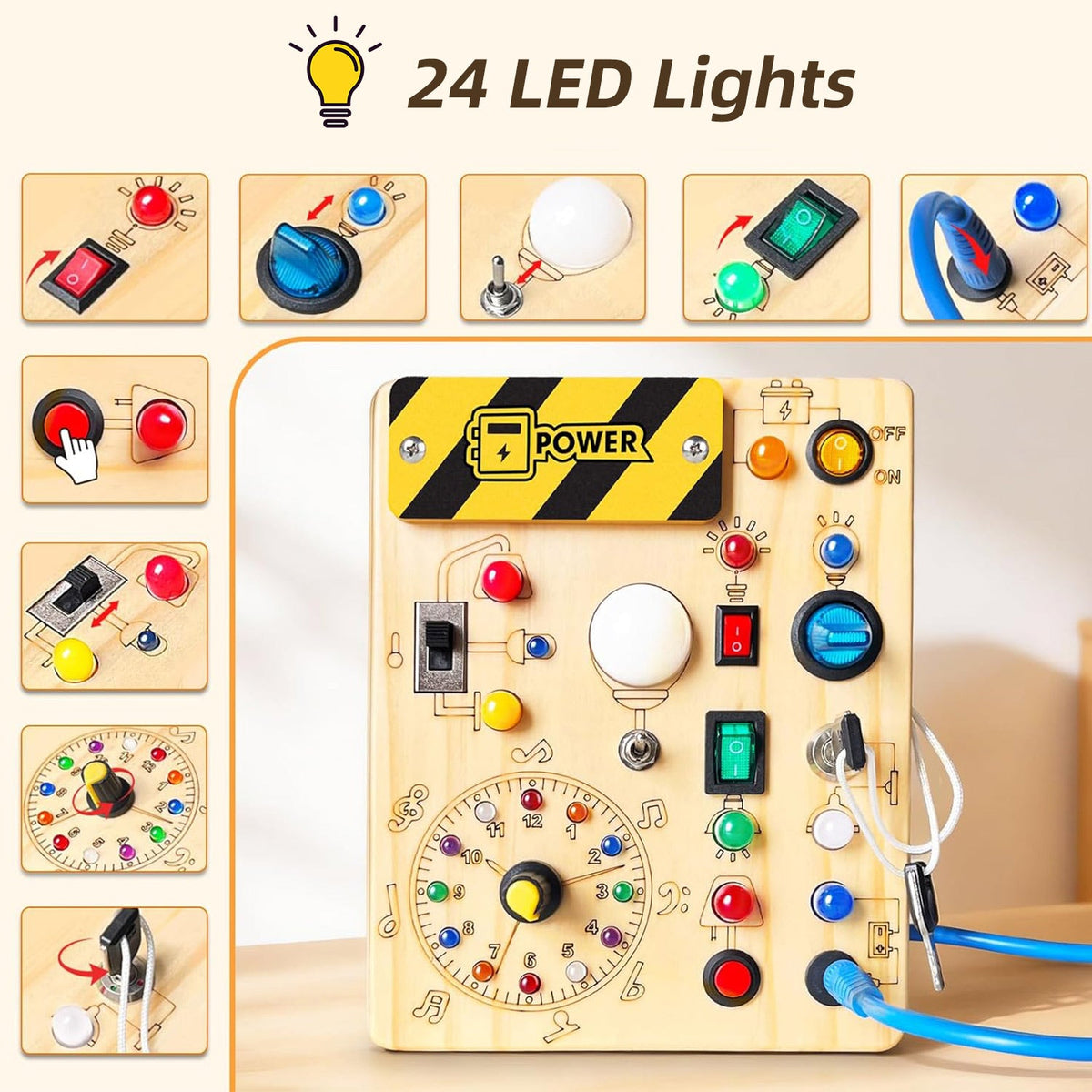 24 LED lights busy board — switches, buttons and rotary dial
