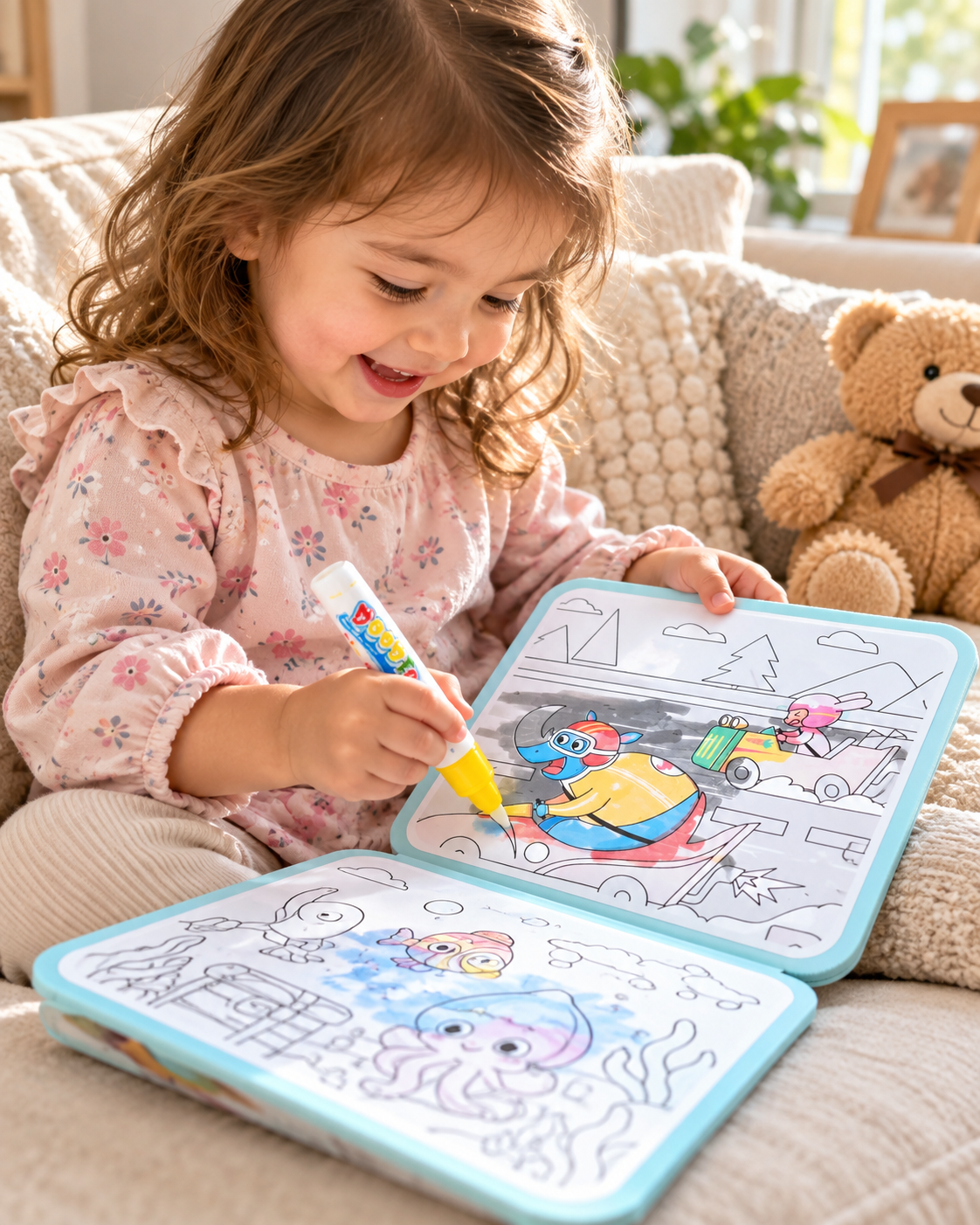 Child enjoying the Magic Water Painting Book at home