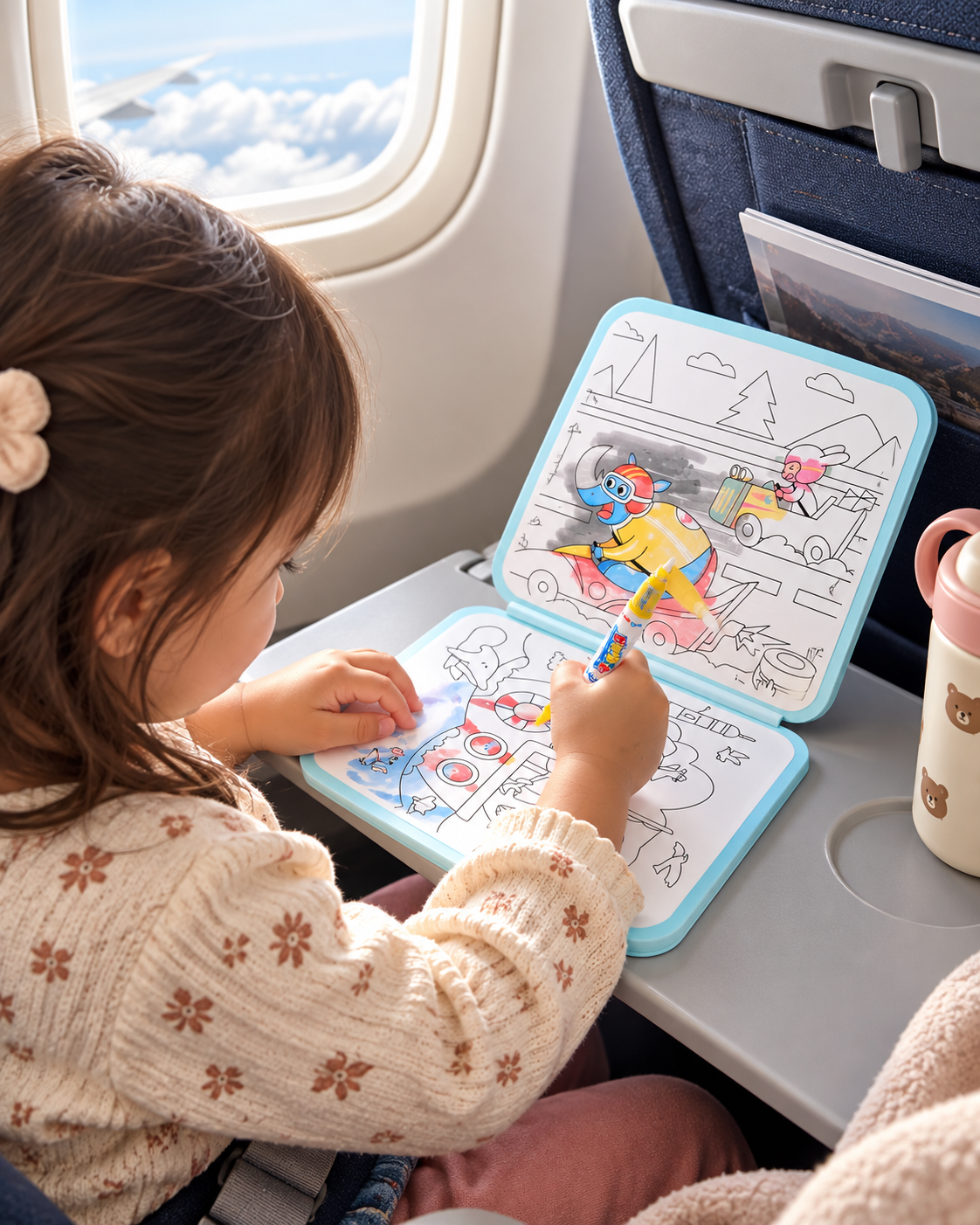 Child using the Magic Water Painting Book during travel